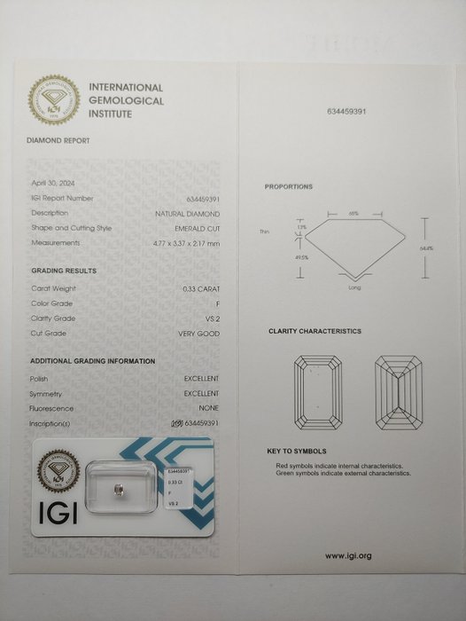 1 pcs Diamant  (Natur)  - 033 ct - Smaragd - F - VS2 - International Gemological Institute (IGI)