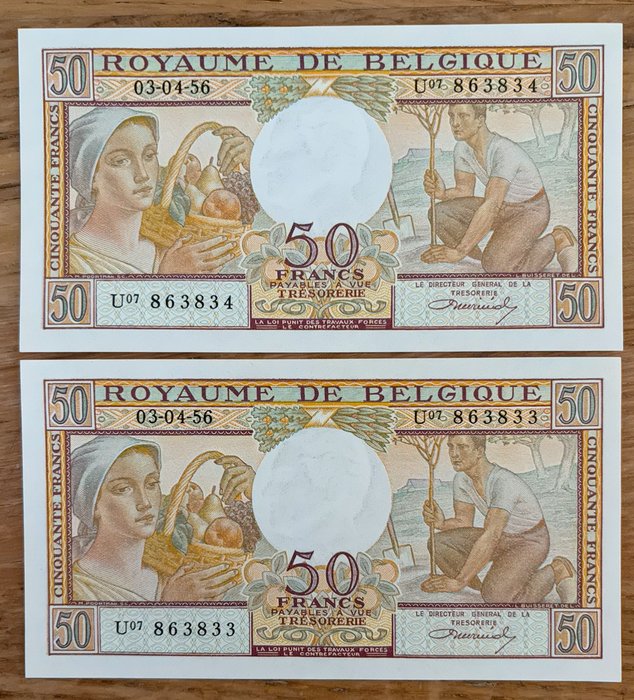 Belgien. - 2 x 50 Francs 1956 - Pick 133b - consecutive  (Ingen mindstepris)