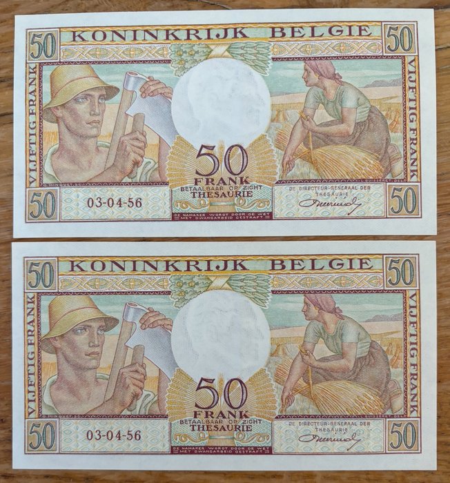 Belgien. - 2 x 50 Francs 1956 - Pick 133b - consecutive  (Ingen mindstepris)