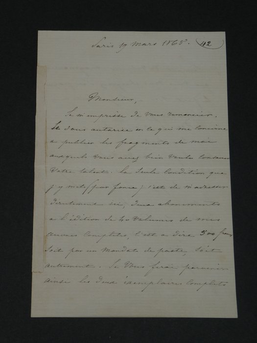 Alphonse de Lamartine - Très belle lettre autographe signée de 3 pages - 1865