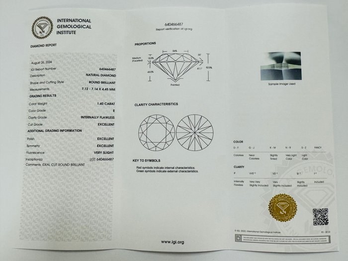 1 pcs Diamant  (Natur)  - 1.40 ct - Rund - E - IF - International Gemological Institute (IGI) - *3EX*