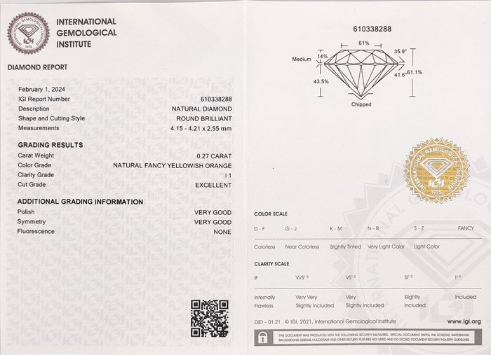 Ingen mindstepris - 1 pcs Diamant  (Naturfarvet)  - 0.27 ct - Rund - Fancy Gullig Orange - I1 - International Gemological Institute (IGI)