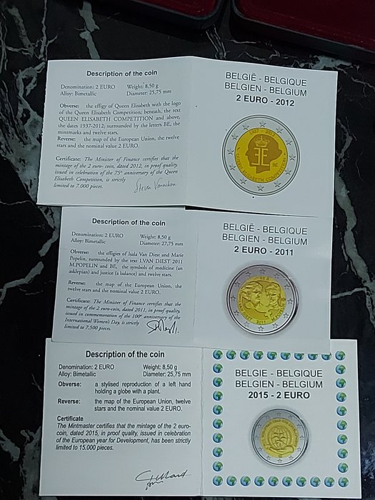 Belgien. 2 Euro 2011 /2015 " (3 moedas) Proof  (Ingen mindstepris)