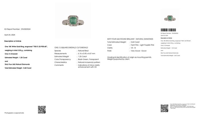 Ingen mindstepris - Ring - 18 kraat Hvidguld -  1.85ct. tw. Smaragd - Diamant - IGI 1,25 ct blålig grøn