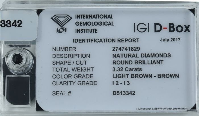 122 pcs Diamant  (Naturfarvet)  - 332 ct - Rund - Light Brun - I2 I3 - International Gemological Institute (IGI) - Forseglede æske diamanter