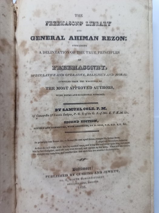 Samuel Cole - The Freemasons' Library and General Ahiman Rezon: Containing a Delineation of the True Principles - 1826