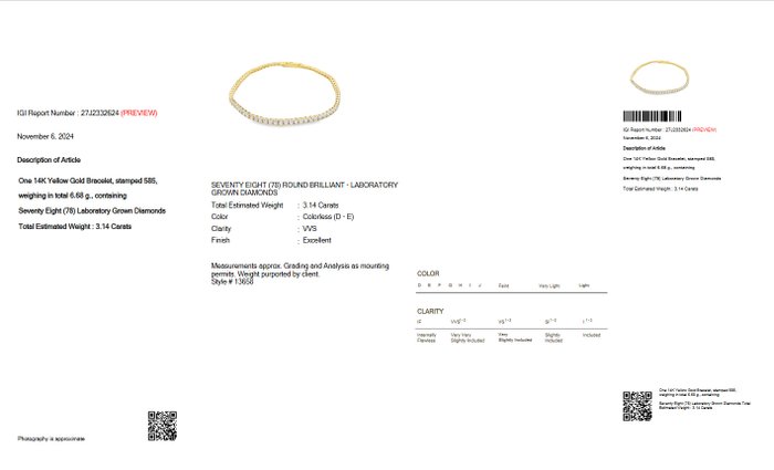 Ingen mindstepris - Tennisarmbånd - 14 karat Gulguld -  3.14ct. tw. Diamant (Laboratoriedyrket) - D-E VVS IGI CERTIFICERT