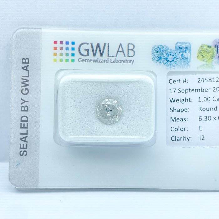 Ingen mindstepris - 1 pcs Diamant  (Natur)  - 1.00 ct - Rund - E - I2 - Gemewizard Gemological Laboratory (GWLab)