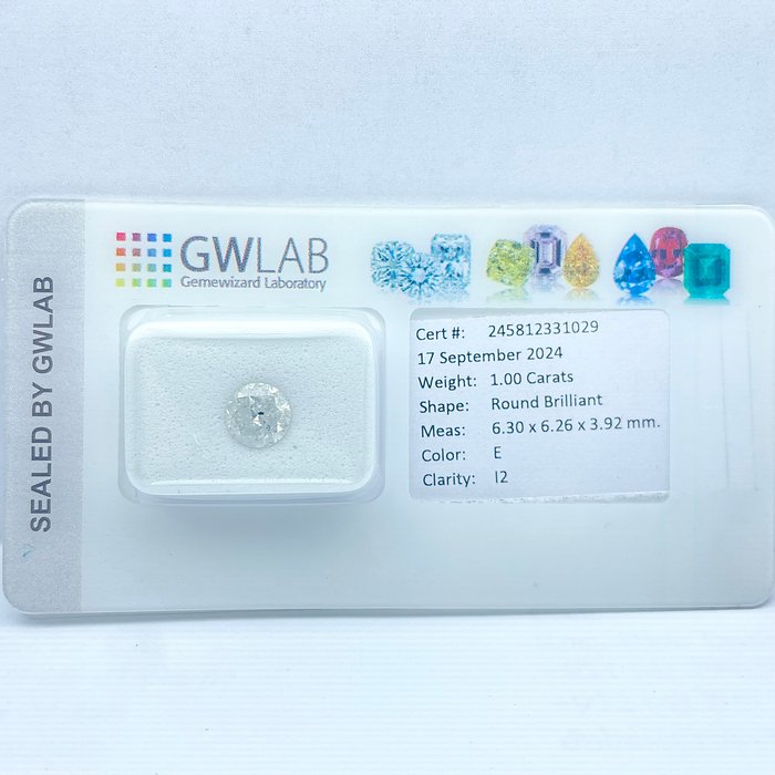 Ingen mindstepris - 1 pcs Diamant  (Natur)  - 1.00 ct - Rund - E - I2 - Gemewizard Gemological Laboratory (GWLab)