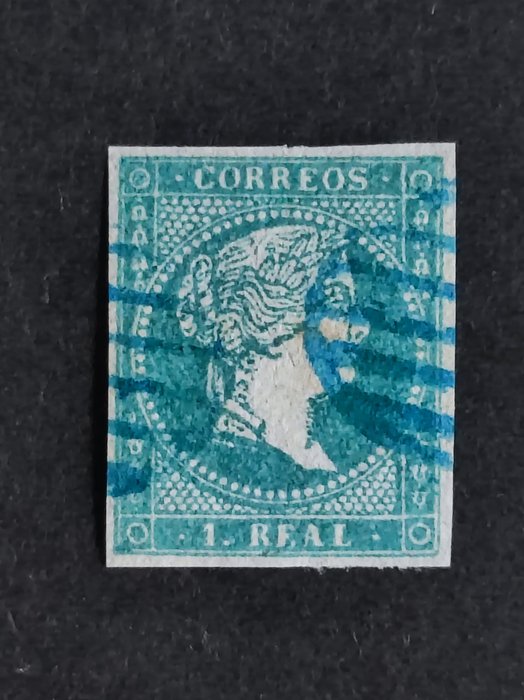 Spanien 1855 - ISABEL II 1 Kongelig grønblå Blå grill med filigran krydsede linjer - Edifil n° 45