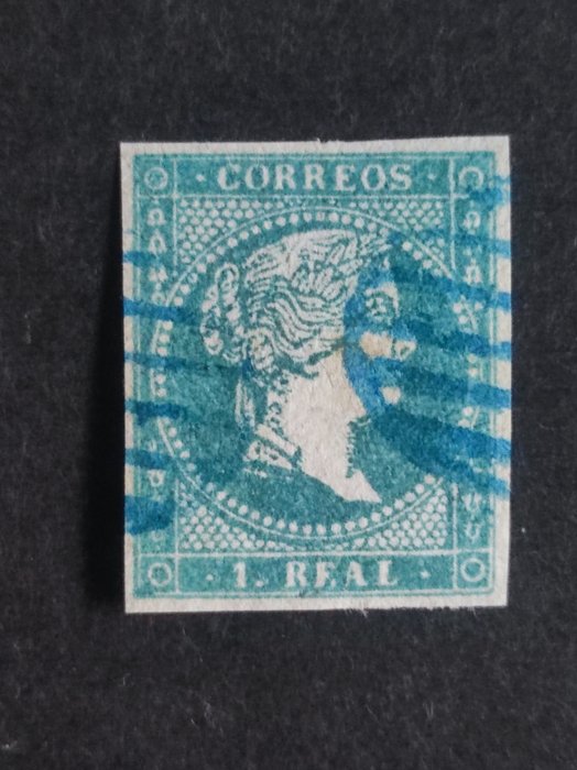 Spanien 1855 - ISABEL II 1 Kongelig grønblå Blå grill med filigran krydsede linjer - Edifil n° 45