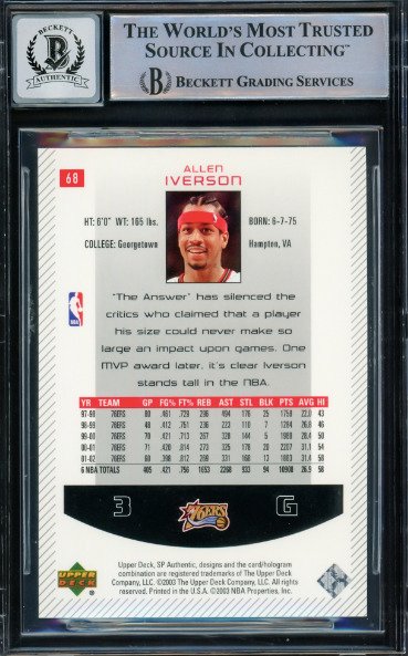 2002 SP Authentic Allen Iverson #68 - Autograph Card BGS Autentisk Auto - 1 Graded card