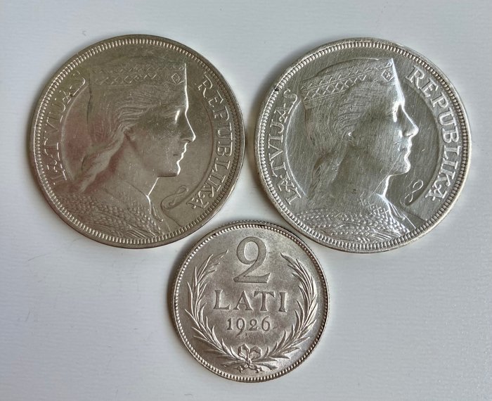 Letland. 1931 , 1931 , 1926. 5 Lati and 2 Lati , 3 Silver Coins  (Ingen mindstepris)