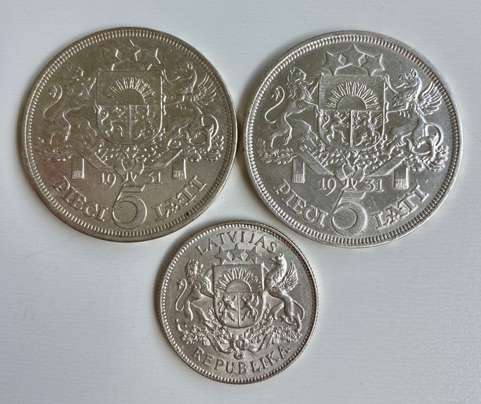 Letland. 1931 , 1931 , 1926. 5 Lati and 2 Lati , 3 Silver Coins  (Ingen mindstepris)