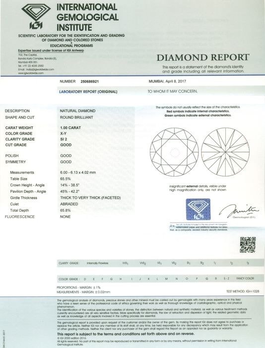 1 pcs Diamant  (Natur)  - 100 ct - Rund - SI2 - International Gemological Institute (IGI) - X - Y