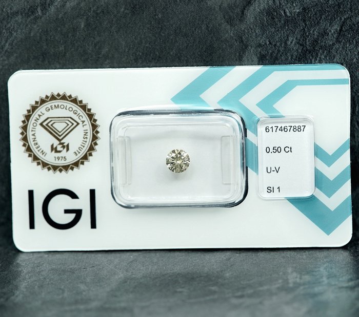 1 pcs Diamant  (Naturfarvet)  - 0.50 ct - Light Brunlig Gul - SI1 - International Gemological Institute (IGI)