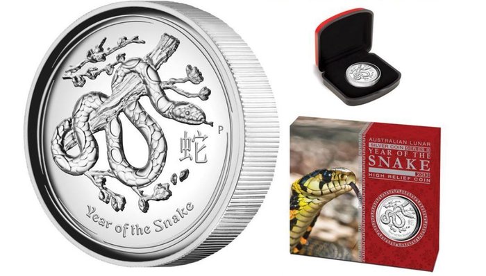 Australien. 1 Dollar 2013 Year of the Snake, High Relief 1 Oz (.999) with COA und BOX  (Ingen mindstepris)