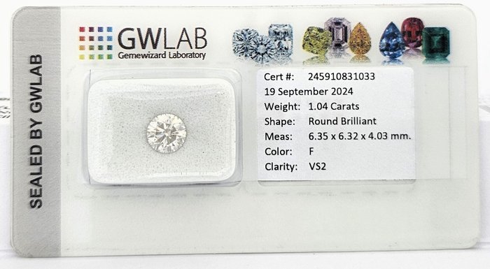 1 pcs Diamant  (Natur)  - 1.04 ct - Rund - F - VS2 - Gemewizard Gemological Laboratory (GWLab)