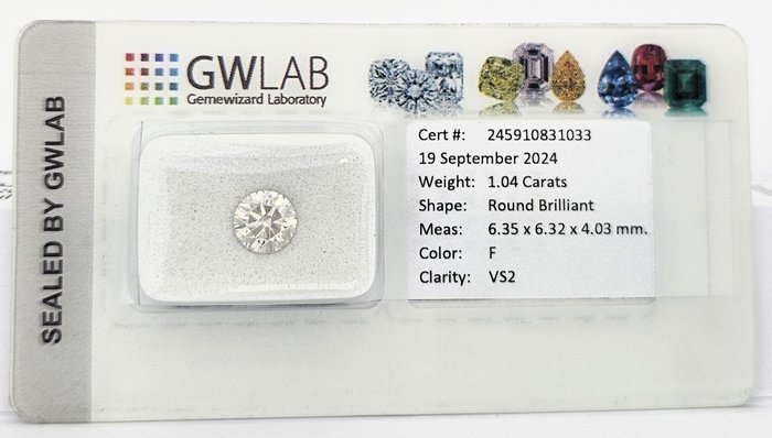 1 pcs Diamant  (Natur)  - 1.04 ct - Rund - F - VS2 - Gemewizard Gemological Laboratory (GWLab)