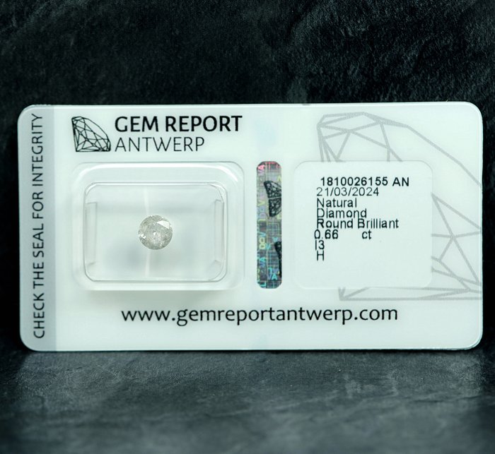 Ingen mindstepris - 1 pcs Diamant  (Natur)  - 0.66 ct - H - I3 - Gem Report Antwerp (GRA)