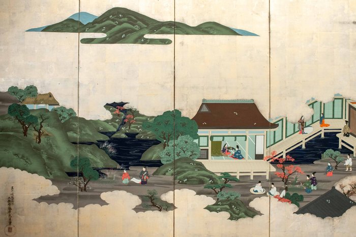 Foldeskærm - En pragtfuld sekspanels Byōbu 屏風 i bladsølv, der skildrer scener fra Tales of Genji - Japan - Edo-periode (anden halvdel af det 18.-begyndelsen af det 19. århundrede)