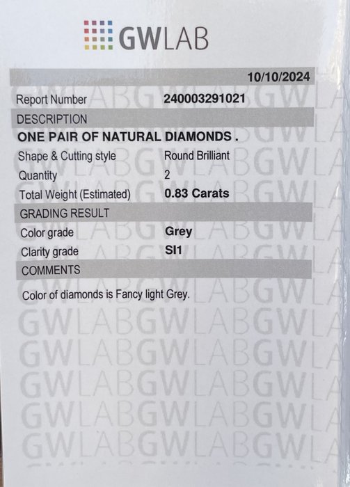 Ingen mindstepris - 2 pcs Diamant  (Natur)  - 0.83 ct - Rund - SI1 - Gemewizard Gemological Laboratory (GWLab) - Grå