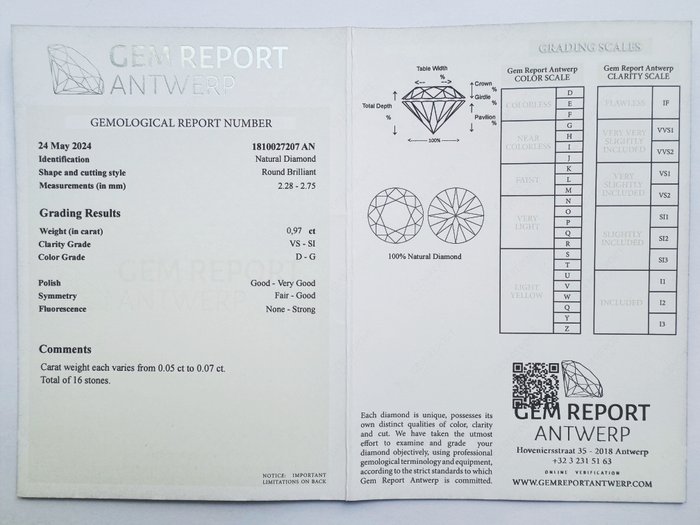 16 pcs Diamant  (Natur)  - 097 ct - Rund - D (farveløs) G - SI1 SI2 VS1 VS2 - Gem Report Antwerp (GRA)