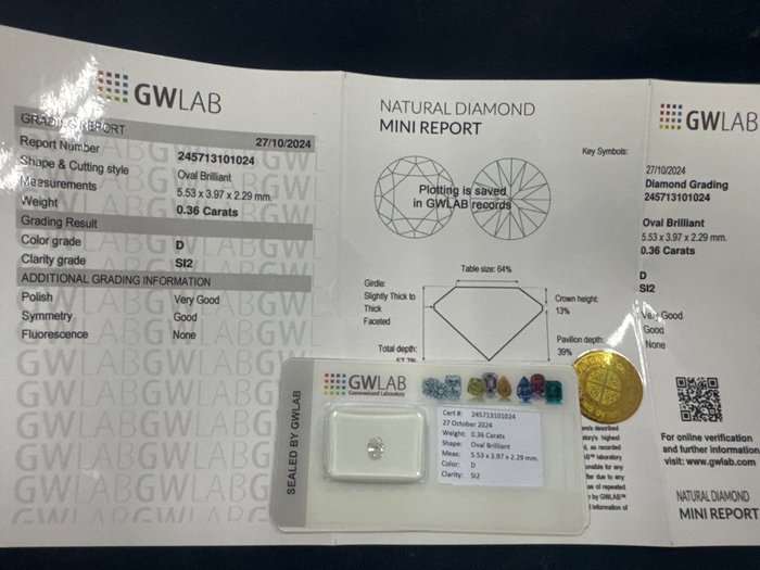 Ingen mindstepris - 1 pcs Diamant  (Natur)  - 0.36 ct - Oval - D (farveløs) - SI2 - Gemewizard Gemological Laboratory (GWLab)