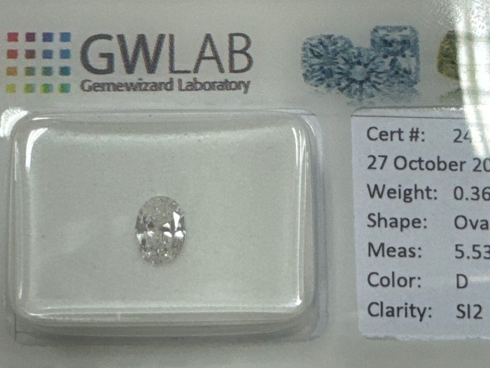 Ingen mindstepris - 1 pcs Diamant  (Natur)  - 0.36 ct - Oval - D (farveløs) - SI2 - Gemewizard Gemological Laboratory (GWLab)