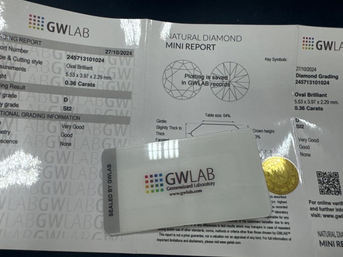 Ingen mindstepris - 1 pcs Diamant  (Natur)  - 0.36 ct - Oval - D (farveløs) - SI2 - Gemewizard Gemological Laboratory (GWLab)