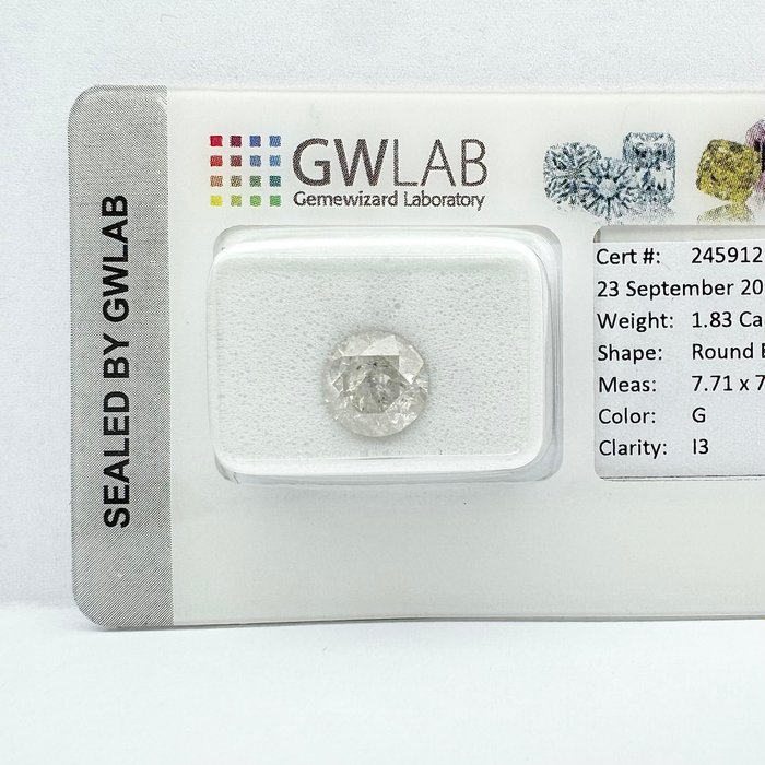 Ingen mindstepris - 1 pcs Diamant  (Natur)  - 1.83 ct - Rund - G - I3 - Gemewizard Gemological Laboratory (GWLab)