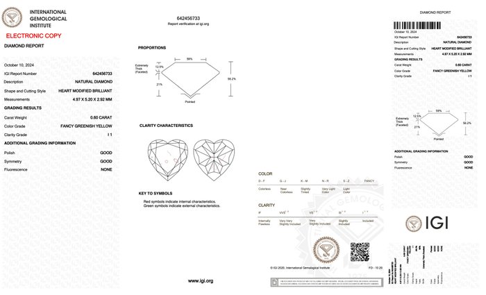 Ingen mindstepris - 1 pcs Diamant  (Naturfarvet)  - 0.60 ct - Hjerte - Fancy Grønlig Gul - I1 - International Gemological Institute (IGI)