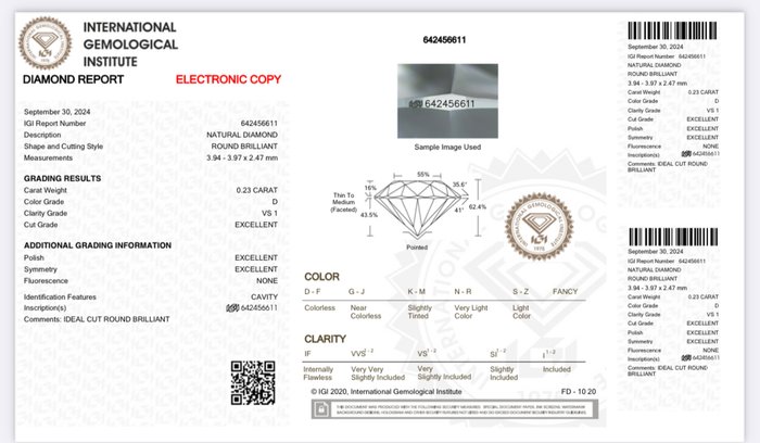 1 pcs Diamant  (Natur)  - 0.23 ct - Rund - D (farveløs) - VS1 - International Gemological Institute (IGI)