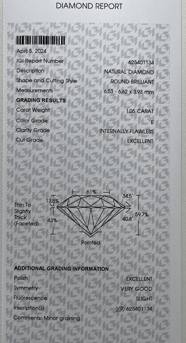 1 pcs Diamant  (Natur)  - 105 ct - Rund - E - IF - International Gemological Institute (IGI)