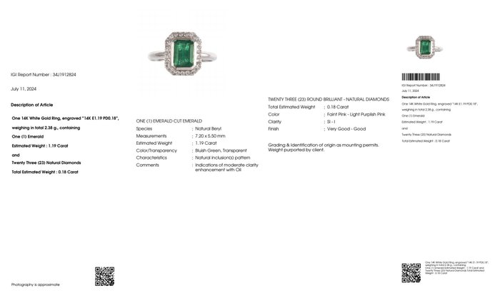 Ingen mindstepris - Ring - 14 karat Hvidguld -  1.37ct. tw. Smaragd - Diamant - IGI 1,19 ct blålig grøn