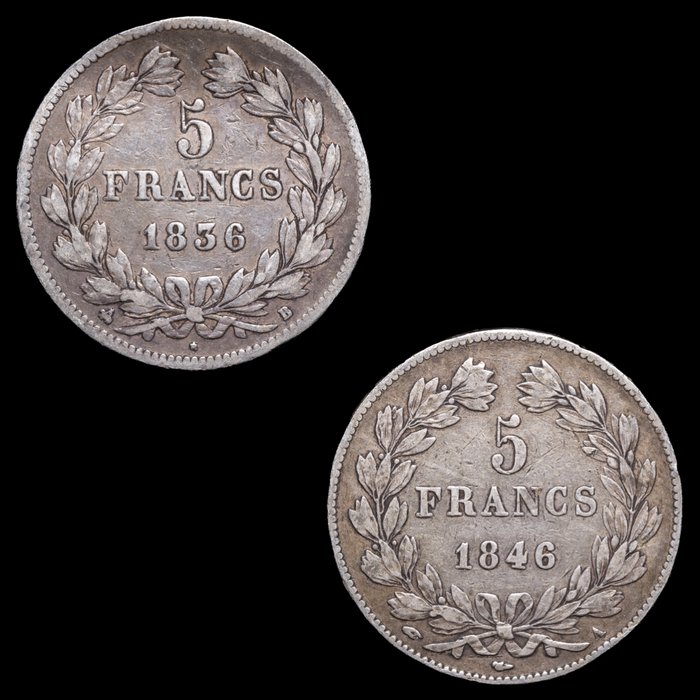 Frankrig. Ludvig-Filip 1. (1830-1848). 5 Francs 1836-B y 1846-A (2 monedas)  (Ingen mindstepris)