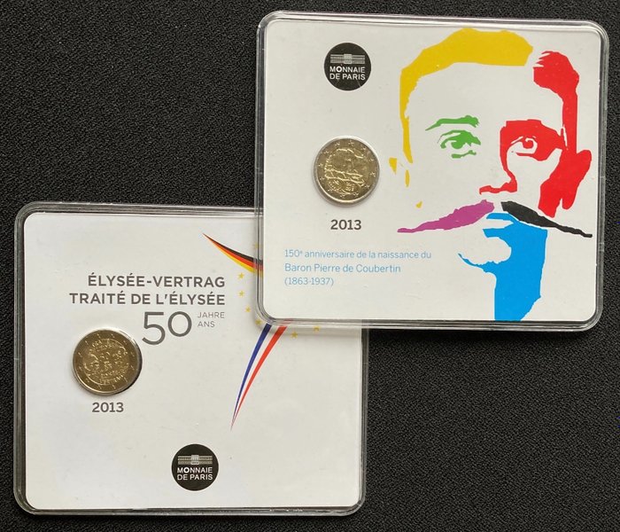 Frankrig. 2 Euro 2013 "Traité de l'Elysée" + "Pierre de Coubertin" (2 coincards)  (Ingen mindstepris)