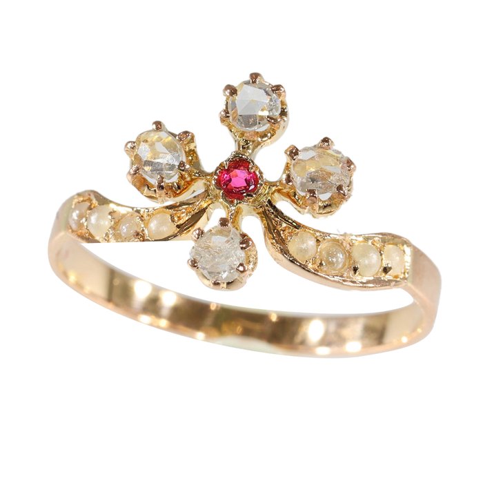 Ingen mindstepris - Ring - 18 kraat Rosaguld - Diamant - Perle Ruby Antique 1900