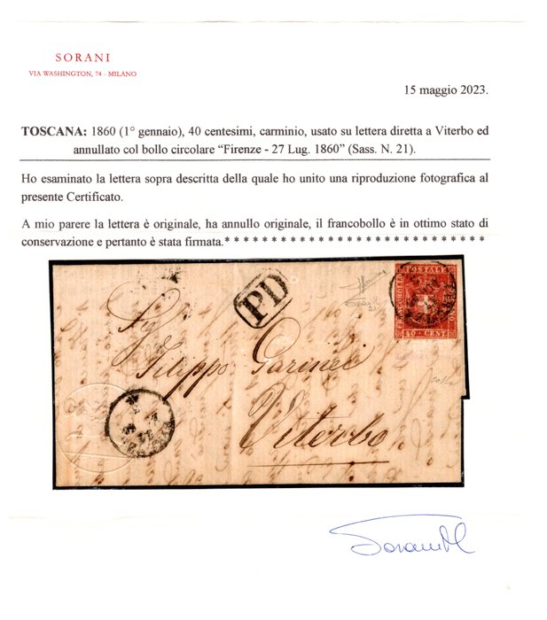 Antikke Italienske Stater - Toscana 1860/1860 - brev med 40 cents Firenze cirkulært stempel - Sassone 21