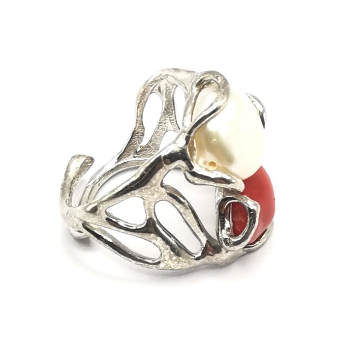 Ingen mindstepris - Ring 925 sølv -  14.00ct. tw. Koral - Perle - italiensk håndværk