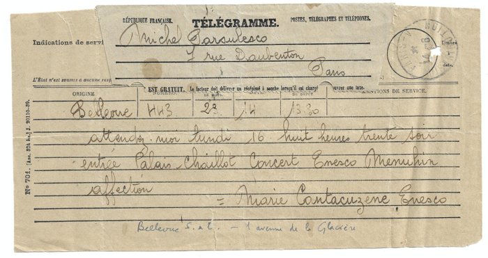 Yehudi Menuhin; Marie Cantacuzene Enesco - Signed Letter and Telegrams - 1947