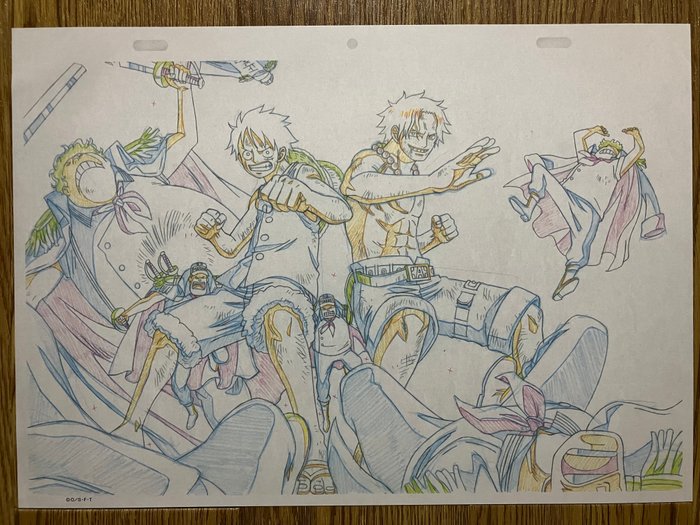 Eiichiro Oda - 1 Officiel replika af anime cels skitser - One Piece - The scene where Luffy and Ace fight the Marine