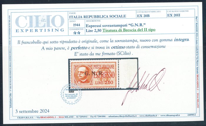 R.S.I. 1944 - Express 2,50 lire tillæg. G.N.R. Brescia-udgave af anden type n. 20/II. Cilio Cert.