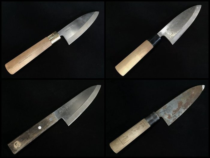 Set of 4 / Japanese Vintage Kitchen Knife / 出刃 DEBA 三得 SANTOKU - Køkkenkniv - Stål, Træ - Japan