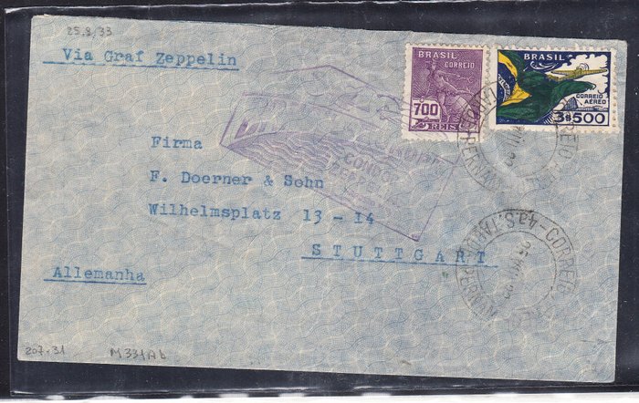 Brasilien 1933 - Femte flyvning i Sydamerika Condor Zeppelin fra Pernabico til Tyskland - Michel 331Ab