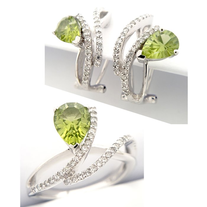 Smykkesæt med 2 dele - 14 karat Hvidguld -  2.97ct. tw. Peridot - Diamant