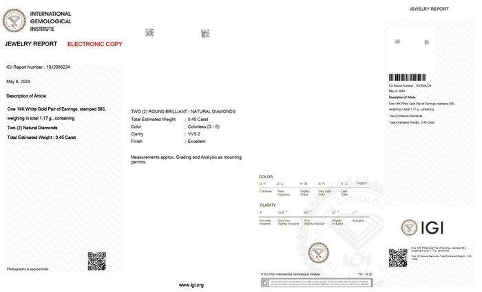 Ørestikkere - 14 karat Hvidguld -  0.45ct. tw. Diamant (Natur) - e12