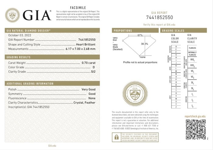 1 pcs Diamant  (Natur)  - 0.70 ct - Hjerte - D (farveløs) - SI2 - Gemological Institute of America (GIA)