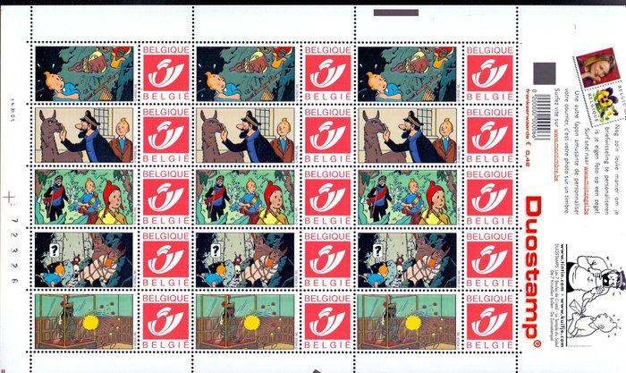 Belgien 2001 - 5 komplette ark duostamps TINTIN / TINTIN