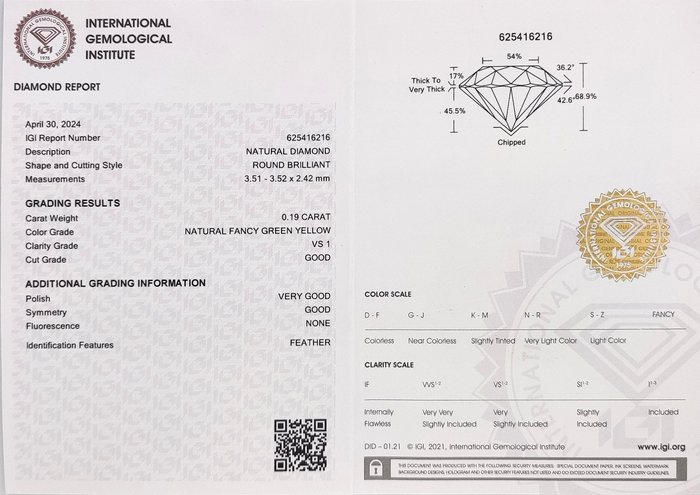 Ingen mindstepris - 1 pcs Diamant  (Naturfarvet)  - 0.19 ct - Rund - Fancy Grøn Gul - VS1 - International Gemological Institute (IGI)